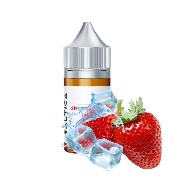 Saltica Strawberry Ice Salt Likit şişesi, çilek ve buz efektli.