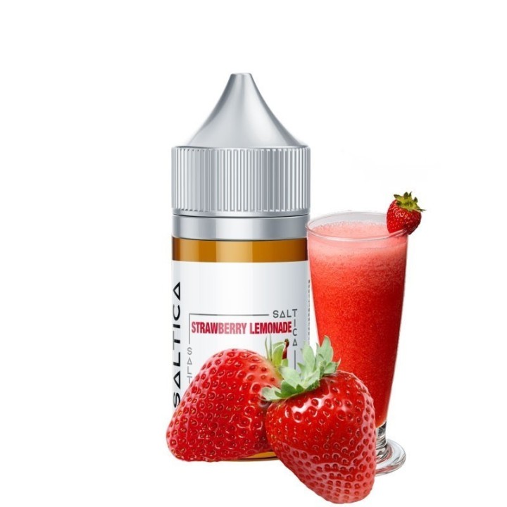 Saltica Strawberry Lemonade Salt Likit şişe ve çilekli içecek görseli