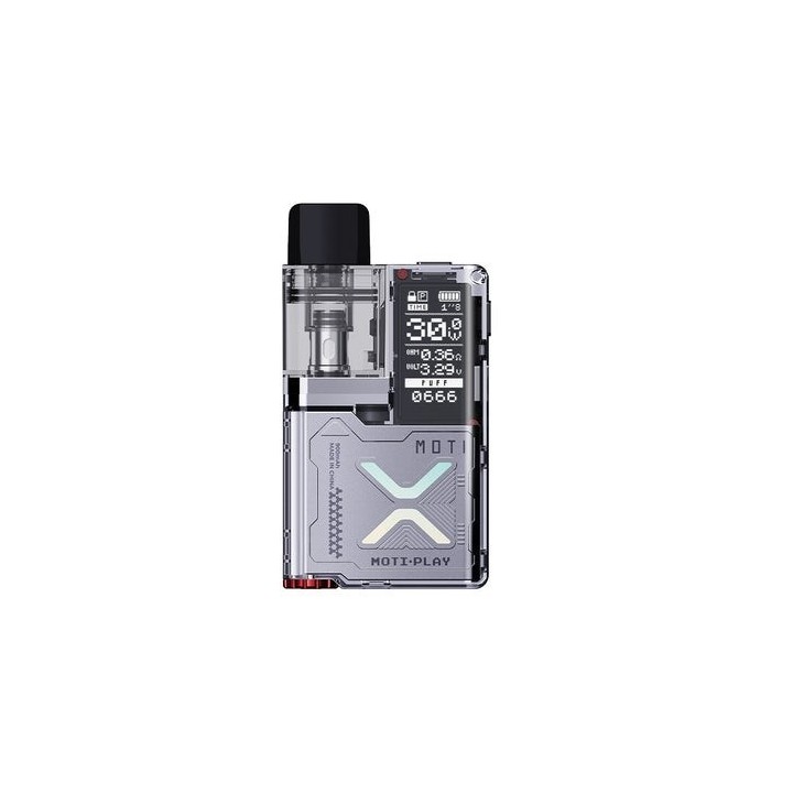 Vaporesso Moti X Play Pod Mod gümüş renkli, şeffaf gövdeli elektronik sigara