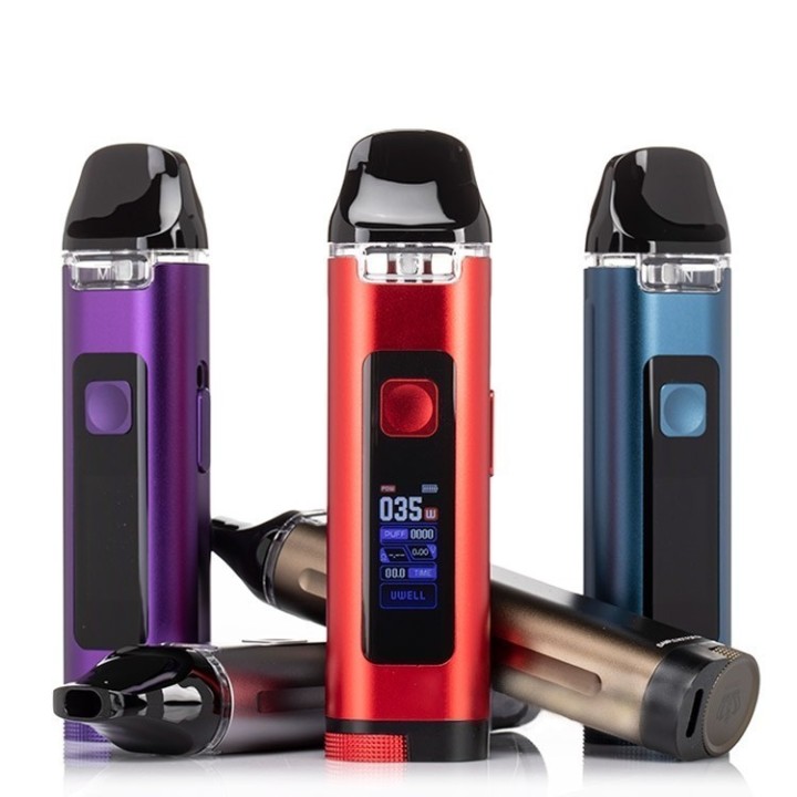 Uwell Crown D Pod Mod çeşitleri: Kırmızı, mor ve mavi renkli elektronik sigara.