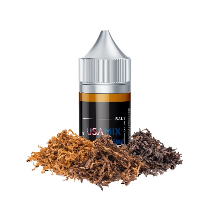 Saltica Usa Mix Salt Likit şişesi ve tütün yaprakları görseli.