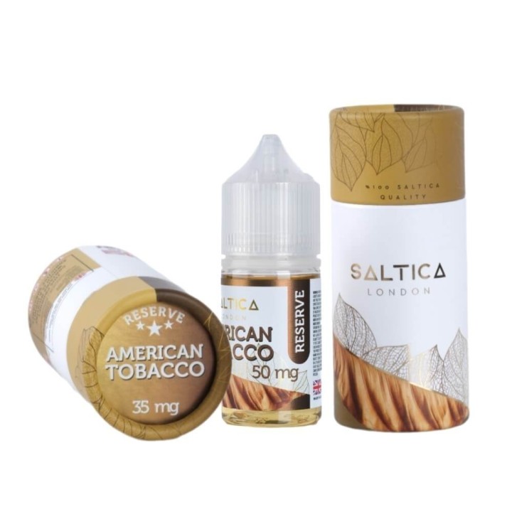 Saltica American Tobacco Reserve Salt Likit 35mg/50mg şişe ve kutu.