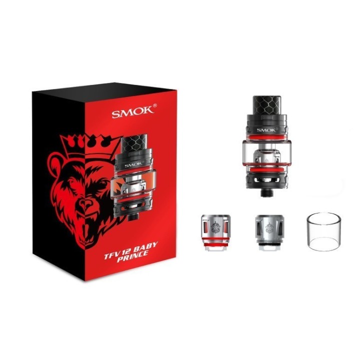 SMOK TFV12 Baby Prince Kartuş Kiti siyah kırmızı yedek cam ve coil içerir.