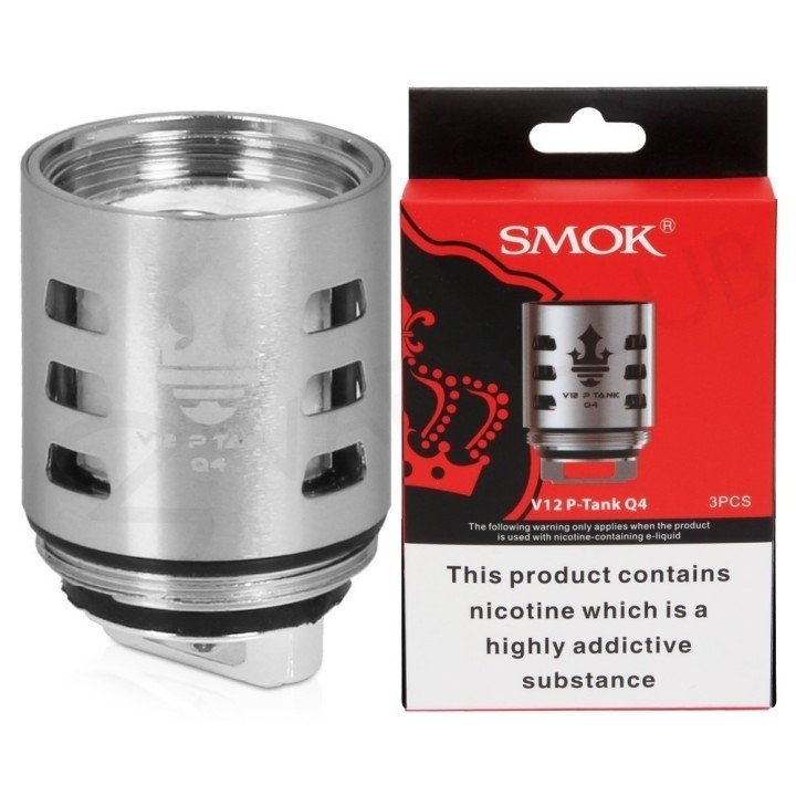 Smok V12 P Tank Q4 Coil yedek parça, gümüş renkli, kutulu.