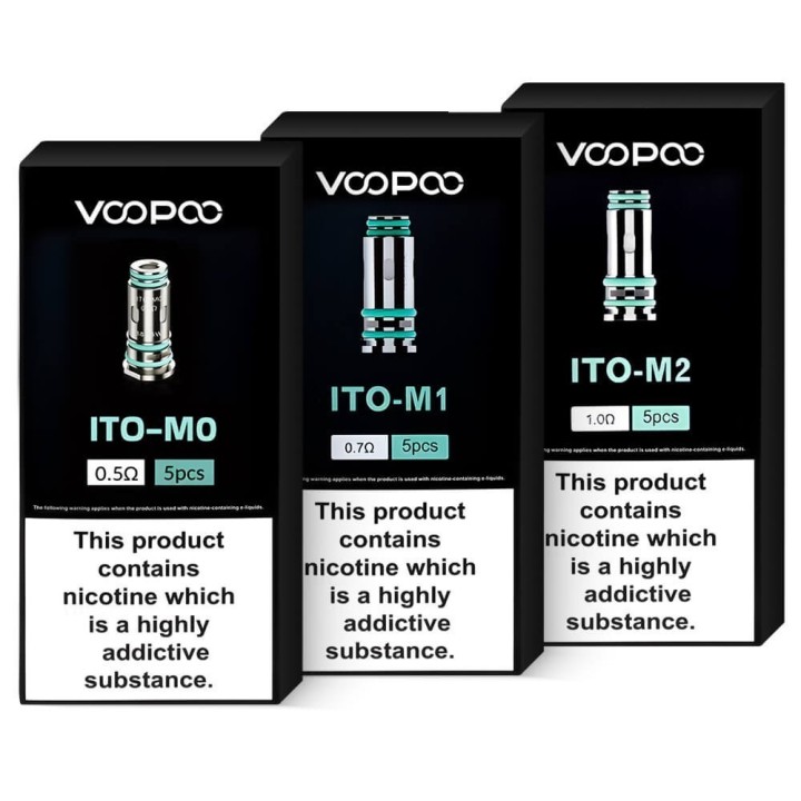 Voopoo ITO Coil çeşitleri (M0, M1, M2) 5'li paket, farklı Ohm değerleri.