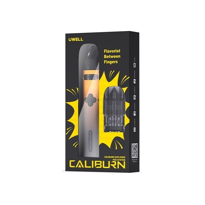 Uwell Caliburn Explorer Pod Mod turuncu/gri kutusunda, yedek kartuşlu.