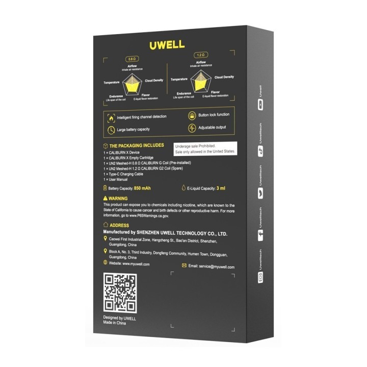 Uwell Caliburn X Pod Mod kutusu, 850mAh pil ve 3ml kapasite bilgileri.