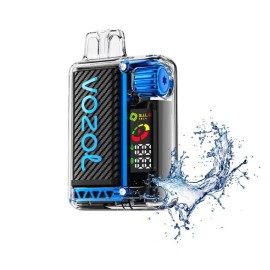 Vozol Vista 20000 Kullan At, şeffaf gövdeli mavi detaylı dijital ekranlı elektronik sigara.