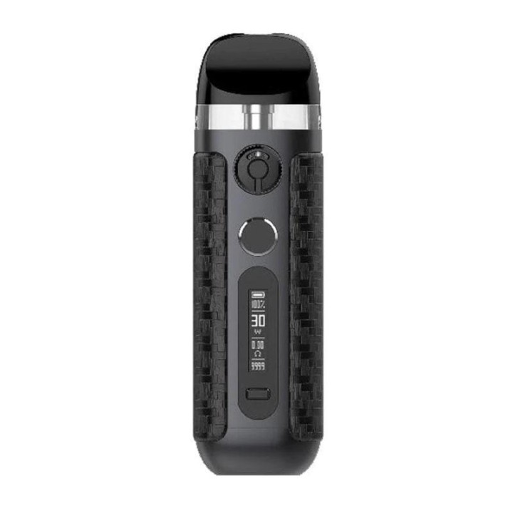 Smok NOVO 5 Pod Mod, karbon fiber desenli, siyah, ayarlanabilir watt ekranlı.