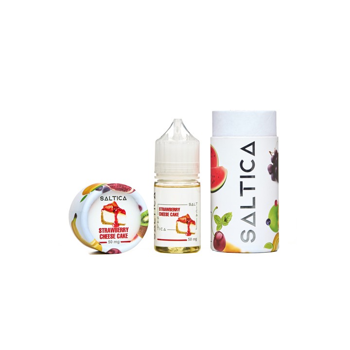 Saltica Strawberry Cheese Cake Salt Likit 50 mg şişe ve kutu seti.