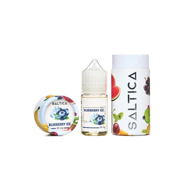 Saltica Blueberry Ice Salt Likit 50mg şişe ve ambalaj seti.