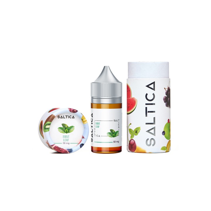 Saltica Mint Leaf Salt Likit 50 mg şişe ve kutu ambalajı.
