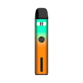 Uwell Caliburn G2 Pod Mod turuncu-yeşil degrade renkli, ateşleme düğmeli elektronik sigara.
