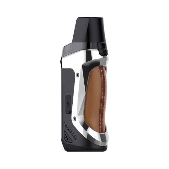 GeekVape Aegis Boost LE Pod Mod, siyah ve kahverengi deri detaylı.