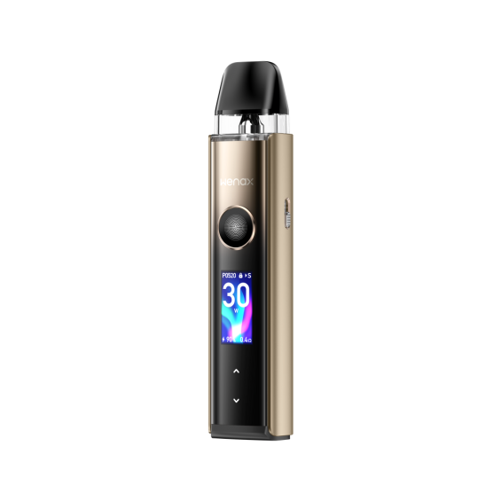 GeekVape Wenax Q Pro Pod Mod altın renkli, dijital ekranlı elektronik sigara.