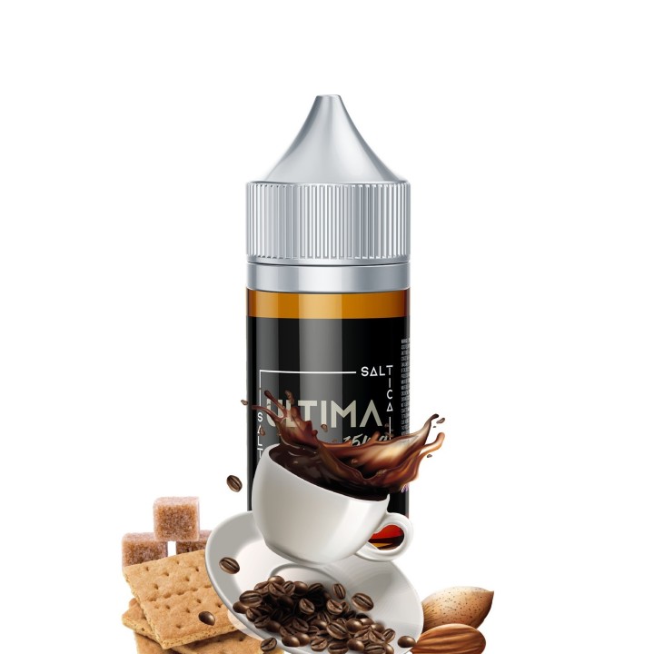 Saltica Ultima Salt Likit kahve, bisküvi ve badem aromalı e-likit şişesi.