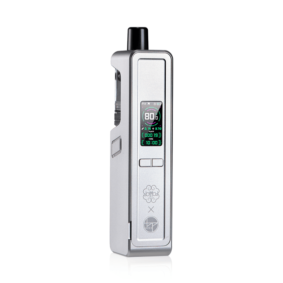 DotMod DotAMP Pod Mod gümüş renkli, dijital ekranlı elektronik sigara.