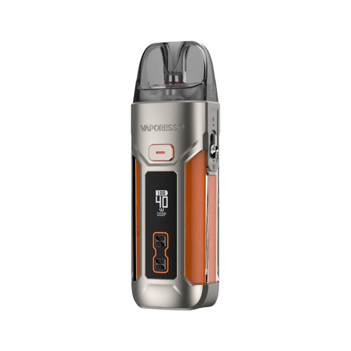 Vaporesso Luxe X Pro Pod Mod, turuncu deri detaylı, gümüş renkli elektronik sigara.