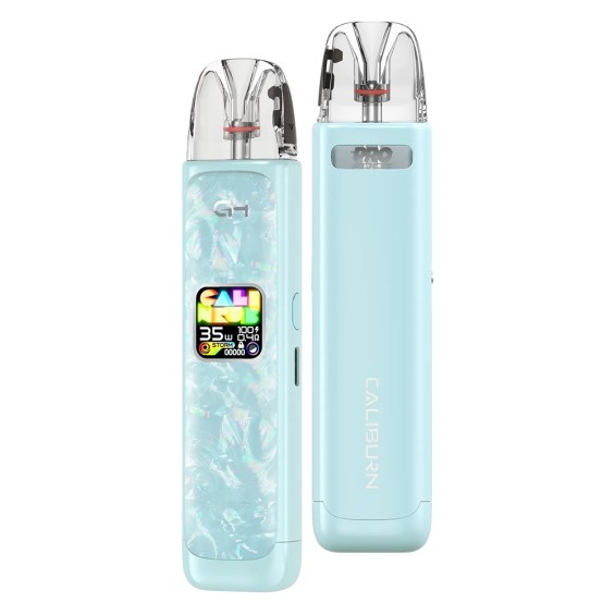 Uwell Caliburn G4 Pod Mod açık mavi, inci efektli, ekranlı elektronik sigara.