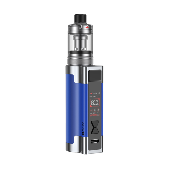 Aspire Zelos 3 Pod Mod mavi renkli, dijital ekranlı elektronik sigara cihazı.