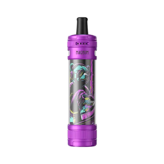 Aspire Magnum Pod Mod mor renkli, grafikli gövde ve siyah ağızlıklı elektronik sigara.