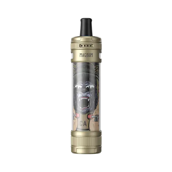 Aspire Magnum Pod Mod altın renkli, maymun grafikli, şeffaf tanklı elektronik sigara.