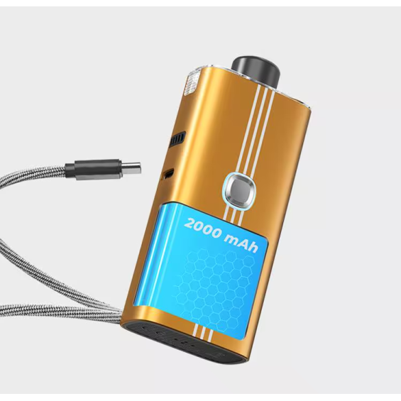 Aspire Cloudflask S Pod Mod altın renkli, 2000 mAh bataryalı, şarj kablolu.