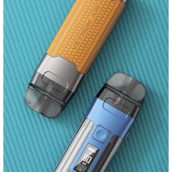 Aspire Veynom Air Pod Mod mavi ve turuncu renkli, dijital ekranlı.