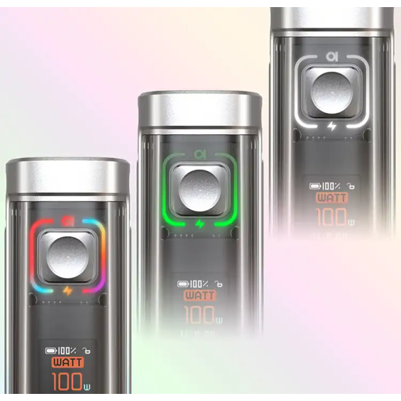 Aspire Veynom LX Pod Mod şeffaf gövde ve renkli LED ateşleme butonu detayı.