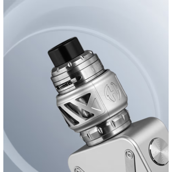 Aspire Revolto Pod Mod gümüş renkli, metalik gövde ve siyah drip tip detayı.