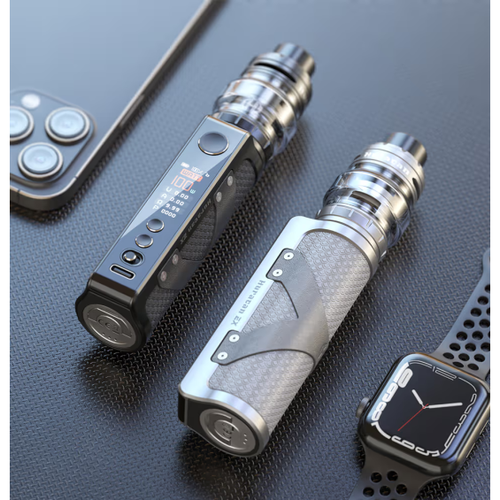 Aspire Huracan EX Pod Mod Siyah ve Gümüş renkli, dijital ekranlı elektronik sigara.