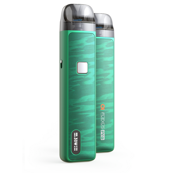 Aspire Flexus Pro Pod Mod yeşil kamuflaj desenli, dijital ekranlı elektronik sigara.