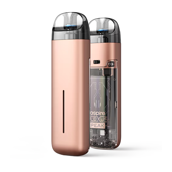 Aspire Flexus Peak elektronik sigara, şeffaf yan panelli, bakır renkli pod mod.