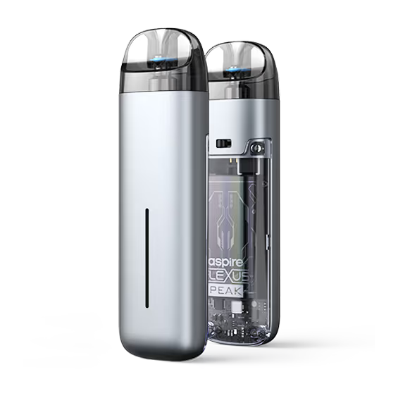 Aspire Flexus Peak gümüş pod mod elektronik sigara şeffaf gövde detaylı