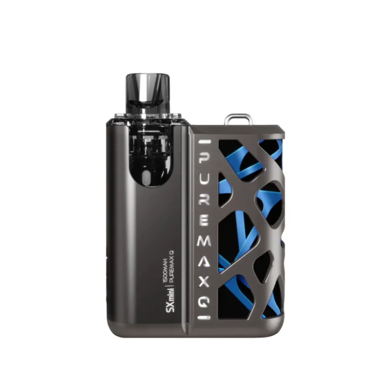 SXmini PureMax Q Pod Mod, gri renkli, 1500mAh, mavi detaylı elektronik sigara.