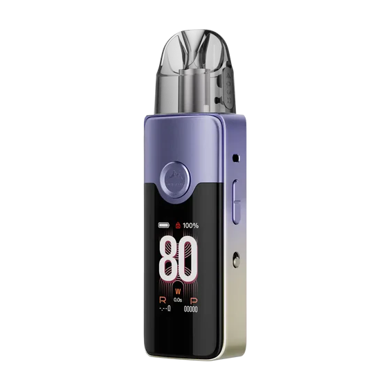 Voopoo Vinci E80 Pod Mod mor ve siyah renkli, dijital ekranlı elektronik sigara.