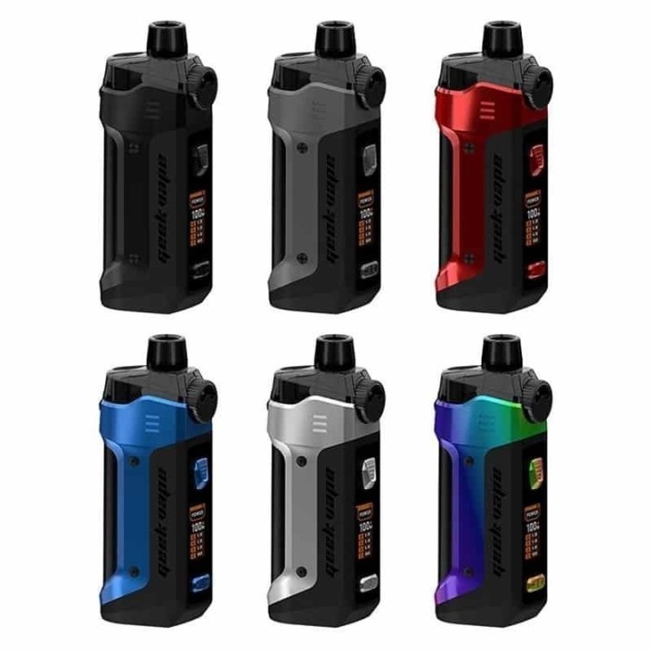 GeekVape Aegis Boost Pro Pod Mod çeşitleri, siyah, mavi, kırmızı, gri renk seçenekleri.