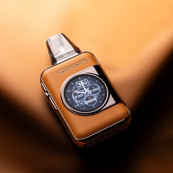 OXVA Xlim SQ Pro Pod Mod kahverengi deri kaplama, renkli ekranlı vape.