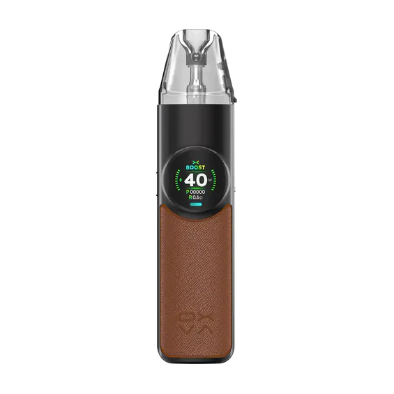 OXVA NeXlim Pod Mod siyah ve kahverengi deri kaplamalı, dijital ekranlı elektronik sigara.