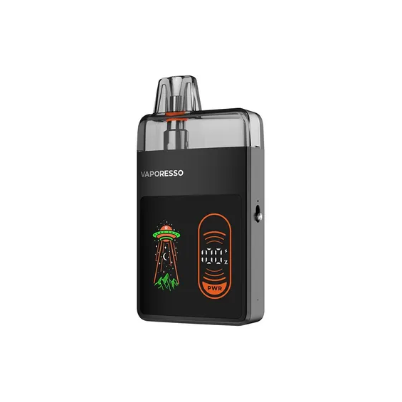 Vaporesso Eco Nano Pro Pod Mod siyah, UFO grafikli, kompakt elektronik sigara.