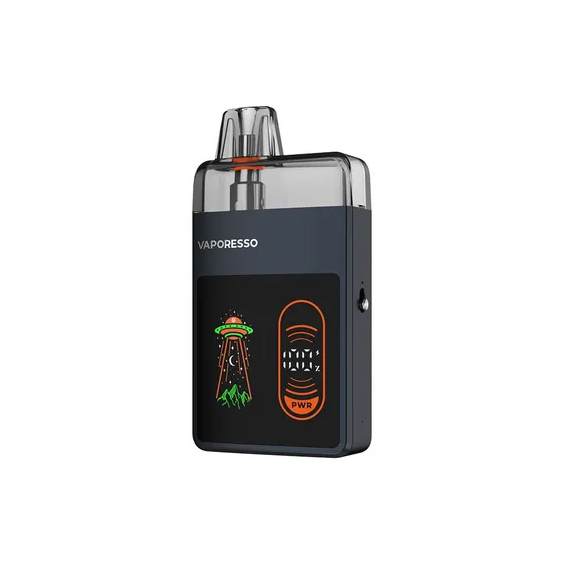 Vaporesso Eco Nano Pro Pod Mod UFO grafikli, koyu renkli, kompakt elektronik sigara.