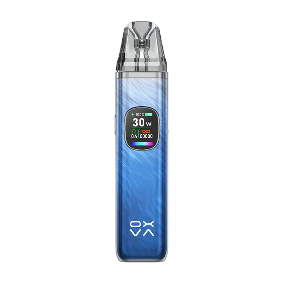 OXVA Xlim Pro 30W Pod Mod mavi ahşap desenli, ekranlı elektronik sigara.