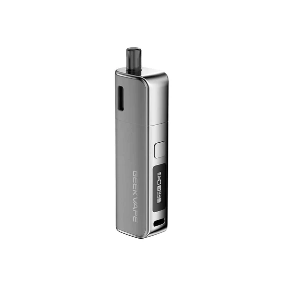 GeekVape Soul Pod Mod gümüş renkli, kompakt ve şık dijital ekranlı.