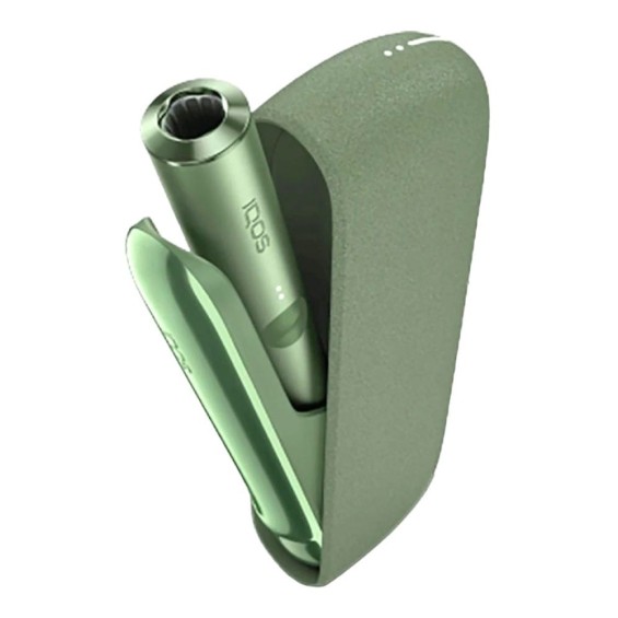 IQOS ILUMA Set Pod Mod yeşil renkli, şarj cihazı ve ısıtıcı görünümü.