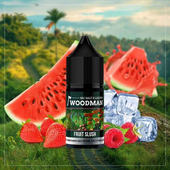 Woodman Fruit Slush Salt Likit şişe, karpuz, çilek ve ahududu meyveli.