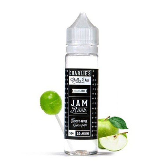 Charlie's Jam Rock E Likit, ekşi elma lolipop aromalı, şeffaf şişe.