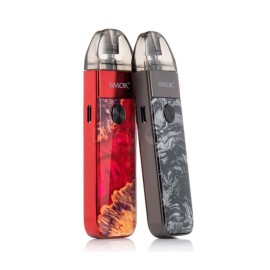 Smok Pozz Pro Pod kırmızı ve gri renkli, reçine kaplamalı iki adet elektronik sigara.