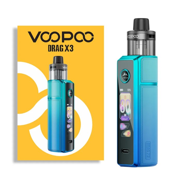 Voopoo Drag X3 Pod Mod mavi/turkuaz renkli, kutusu ile birlikte.