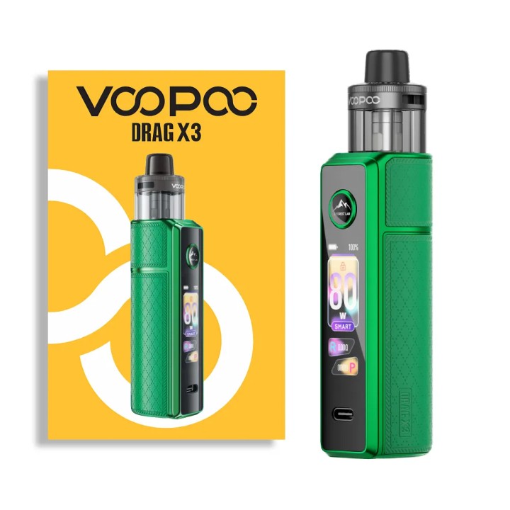Voopoo Drag X3 Pod Mod yeşil renkli, dijital ekranlı elektronik sigara cihazı.