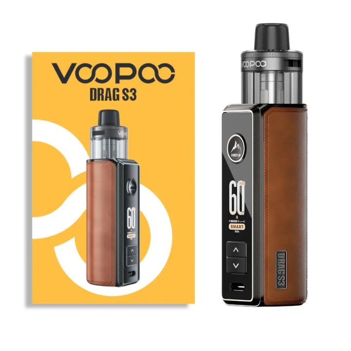 Voopoo Drag S3 Pod Mod kahverengi deri görünümlü, 60W elektronik sigara.